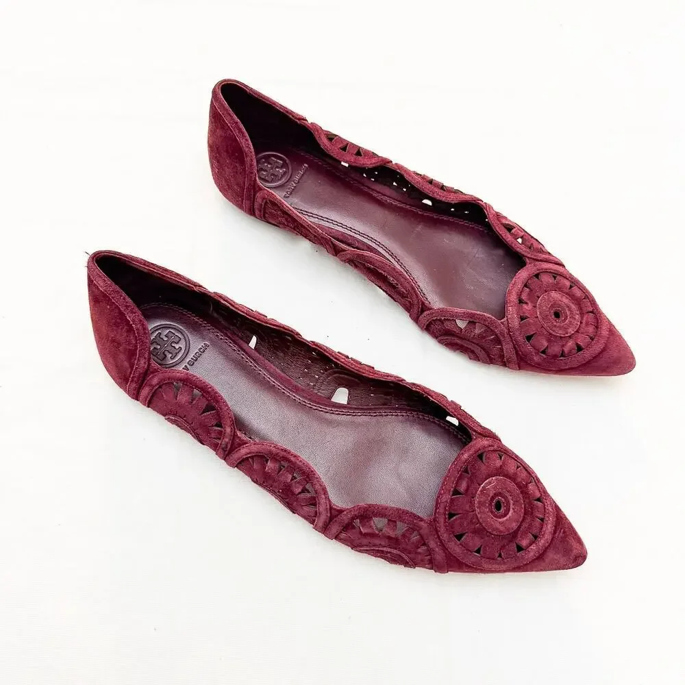 Tory Burch Leyla Laser-Cut Suede Flats Pointy Toe Red Burgundy Shoes Size 10